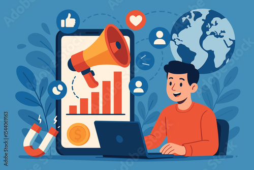 Social media marketing concept. Man with laptop creating digital advertising campaign for global business growth. Customer engagement, promotion with megaphone, SMM analytics chart.