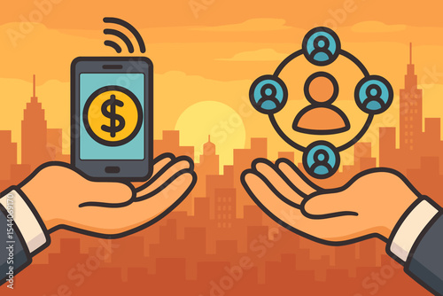 Mobile Digital Payment Exchange and Customer Network Connection Concept. Businessman Hands Holding Smartphone Dollar Icon and Social Network Symbol. Urban Sunset City Business Illustration