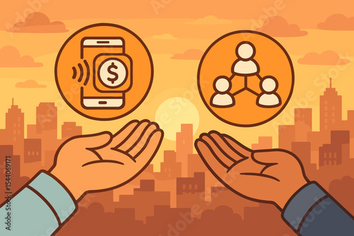 Digital payment transfer and business networking concept. Mobile wallet and connection icons in hands over urban sunset cityscape. Financial technology, teamwork, fintech. Vector illustration
