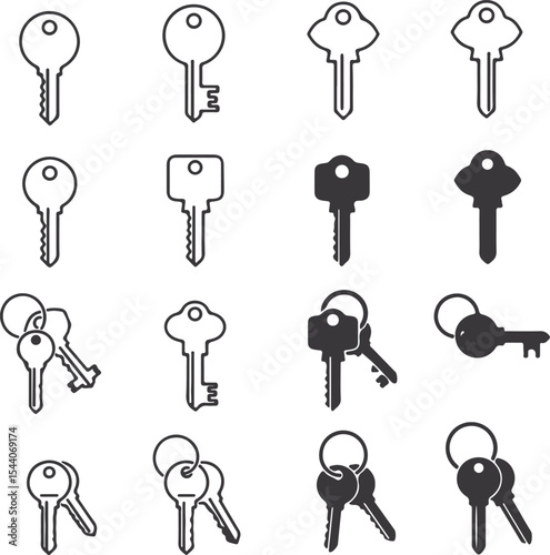 Collection of Various Key Illustrations Representing Security Access and Protection in Simple Black and White Graphic Designs