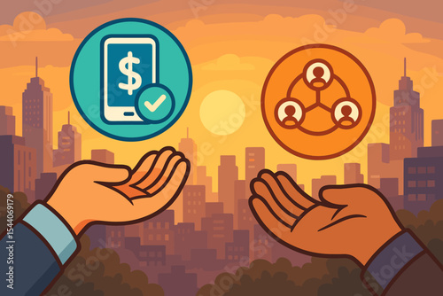 Business Partnership Collaboration Concept with Hands Holding Digital Payment and Networking Icons, Modern Urban Sunset City Background, Vector Illustration for Finance, Technology, Social Connection