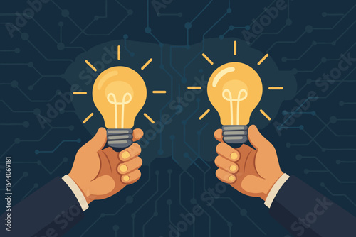 Business teamwork collaboration concept with hands holding glowing light bulbs, innovative ideas, creativity, partnership, digital technology, brainstorming, startup inspiration, vector illustration