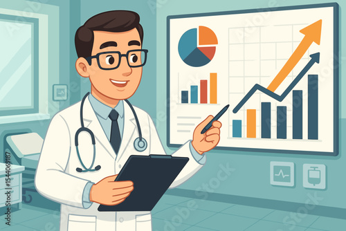 Healthcare business concept with a doctor analyzing financial growth charts. Medical professional presenting a data report and statistics in a hospital. Medicine industry profit and success.