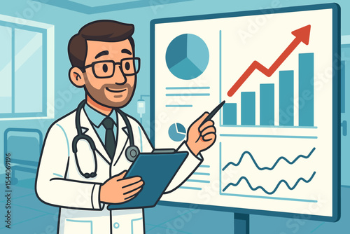 Doctor presenting medical data analysis on a screen. Healthcare professional analyzing financial growth charts and statistics in a hospital. Health administration concept. Vector.