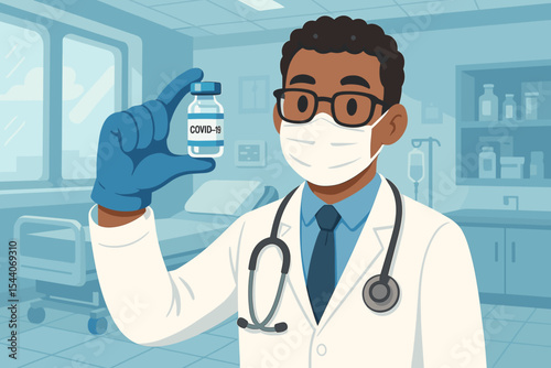 Black doctor holding Covid-19 vaccine vial. Medical research, global vaccination concept. Healthcare worker in hospital with mask. Coronavirus immunization vector illustration.