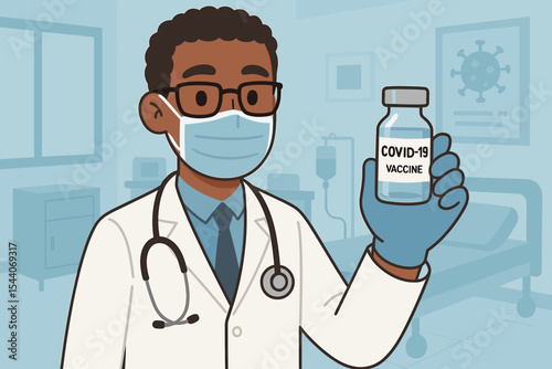 Black doctor holding Covid-19 vaccine vial in hospital. Coronavirus pandemic immunization campaign concept. Medical professional with face mask. Healthcare and vaccination vector.