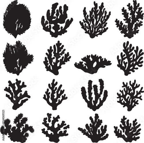 A Variety of Black Coral Silhouettes Displayed on a White Background Emphasizing Underwater Sea Life and Diverse Marine Ecosystems in Simple Graphic Forms