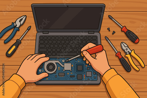 Laptop motherboard repair technician hands fixing hardware with screwdrivers pliers tools on wooden workbench. Computer service concept. Vector cartoon. Electronic maintenance. Technology repair scene