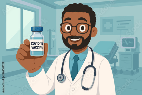 Happy African American doctor presents Covid-19 vaccine. Male physician in hospital holding vial for global vaccination effort. Concept for coronavirus prevention and immunization.