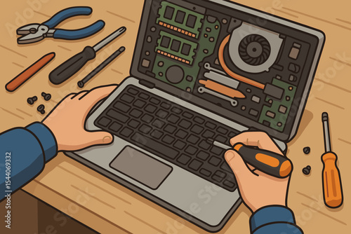 Technician Repairing Laptop Computer on Workbench with Tools. Vector Illustration of Hands Fixing Electronics, Maintenance, Hardware Upgrade, Computer Repair Service, DIY Electronics Concept