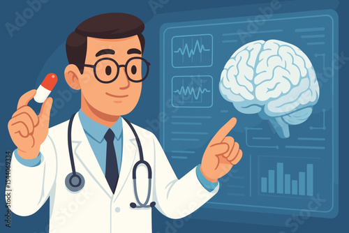 Neurologist analyzing brain scan, EEG results on a digital interface. Doctor holding a pill. Concept of neurology, neuroscience, mental health, medical research, and technology.
