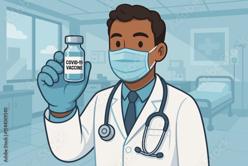 Black male doctor in face mask holds COVID-19 vaccine vial. Concept for healthcare, pandemic immunization, and medical research. Healthcare worker in hospital promoting vaccination.
