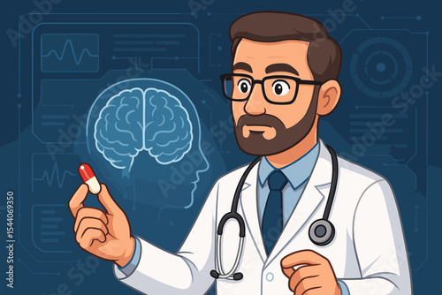 Doctor holding pill for brain health. Neurologist concept for mental health, neuroscience, therapy, psychology, and pharmaceutical research. Man with medication and futuristic interface. Vector.