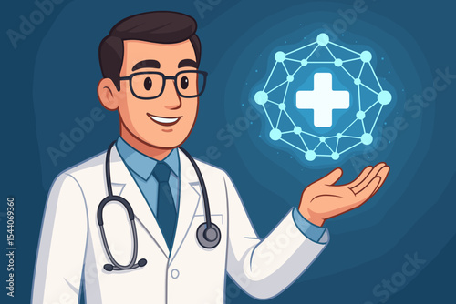 Futuristic healthcare concept with a doctor holding a glowing medical network symbol. Digital health, telemedicine, and AI in medicine. Vector cartoon illustration for medical innovation.