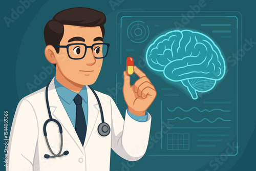 Doctor analyzing brain on digital screen with futuristic interface. Neurologist holding pill for mental health treatment. Medical technology, neurology, and drug research concept.