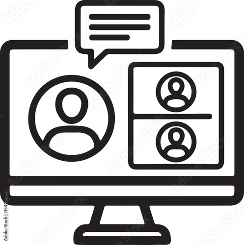 Online Meeting Vector Image Featuring a Computer Screen Displaying Video Call and Chat Bubble Icon Graphics