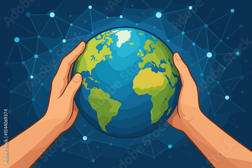 Human Hands Holding Planet Earth Globe. Global Connection Network. Environmental Protection, Conservation, Unity, Sustainability Concept. Science Technology Background. Vector Illustration