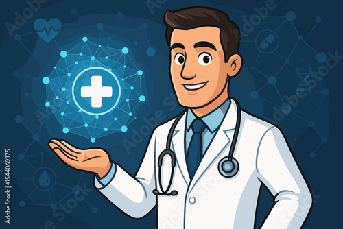 Doctor holding a medical network symbol. Digital health and futuristic healthcare concept. Cartoon physician with a stethoscope presenting a glowing cross on a tech background.