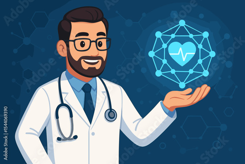 Doctor holding glowing medical network symbol. Futuristic healthcare and digital health concept. Cardiologist with virtual heart icon for telemedicine and online medical consultation. Vector.
