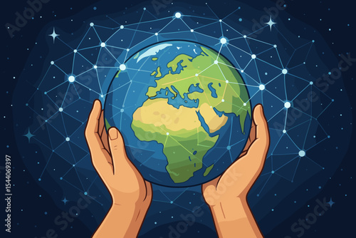 Human Hands Holding Earth Globe with Global Network Connections, Abstract Science Technology Concept, International Unity, Environmental Conservation, Digital Communication, Vector Illustration