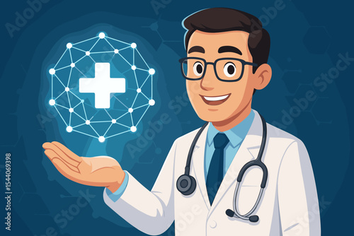 Smiling doctor with stethoscope presents glowing medical network icon. Digital health, futuristic healthcare, and modern technology concept. Telemedicine and online consultation cartoon.