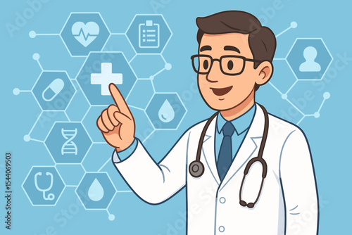 Doctor interacting with futuristic medical interface. Healthcare technology and digital health concept. Male practitioner using virtual network with icons. Telemedicine vector cartoon.