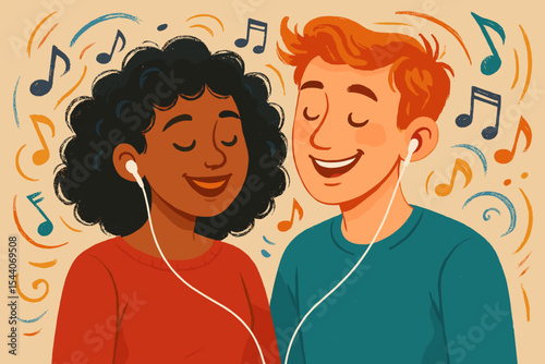 Interracial Couple Listening to Music Together Vector Illustration. Diverse Friends Sharing Earphones. Musical Notes, Joyful Expression, Friendship, Harmony, Millennial Lifestyle, Cartoon Art