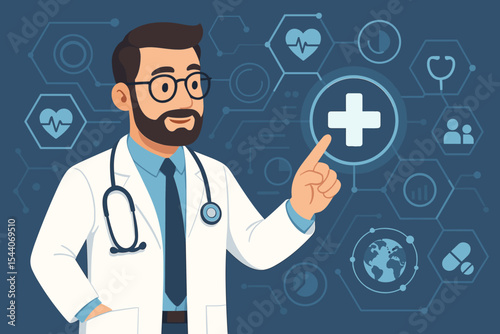 Doctor interacting with virtual medical interface. Healthcare technology, telemedicine, and digital health concept. Futuristic network with icons for online consultation and data analysis.
