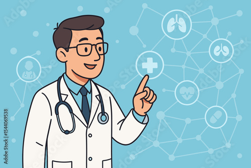 Telemedicine concept with a cartoon doctor using a virtual interface. Digital health network with medical icons. Futuristic technology for online medical consultation and diagnostics.