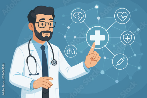 Doctor interacts with a virtual medical interface, a network of health icons. Futuristic healthcare technology, e-health, and telemedicine concept. Physician managing digital records.
