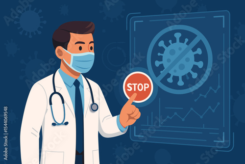 Doctor stopping COVID-19 pandemic. Scientist pushing red stop button on futuristic virtual interface. Concept for fighting coronavirus, medical research, and healthcare technology.