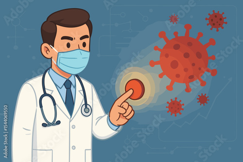 Doctor pushing a red button on a virtual interface to stop the COVID-19 pandemic. Concept of ending the coronavirus outbreak, medical research, finding a cure, and vaccination.