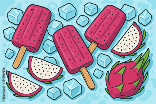 Vibrant dragon fruit popsicles on ice cubes with fresh pitaya slices. Summer dessert illustration. Frozen treat, tropical fruit, sweet snack. Cartoon vector for refreshing fruity food concept