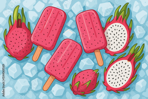 Vibrant Dragon Fruit Popsicles and Fresh Tropical Pitaya on Ice Cubes. Refreshing Summer Dessert Treat. Juicy Exotic Fruits. Cartoon Vector Illustration. Frozen Sweet Snack for Hot Weather