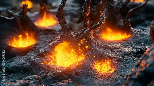 Infernal Gardens: Fiery Abstract Landscape of Twisted Roots and Molten Light