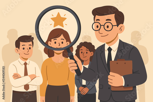 Human resources manager analyzing candidates with magnifying glass, best employee selection, recruitment process, talent search, team evaluation, office staff, business hiring concept illustration