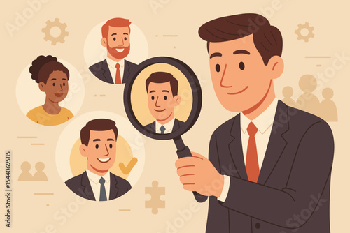 Human resources manager analyzing job candidates with magnifying glass. Recruitment process, employee selection, teamwork, talent search, hiring concept. Vector illustration for business HR