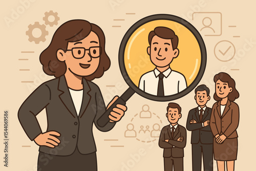 HR manager analyzing candidates with magnifying glass for recruitment, talent search, employee selection, human resources, hiring process, teamwork, business staff illustration