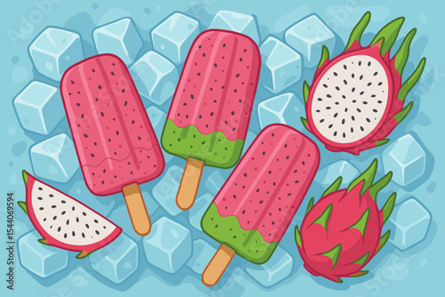 Refreshing homemade dragon fruit popsicles with kiwi green topping on ice cubes background, summer frozen dessert, exotic tropical fruit ice cream vector illustration
