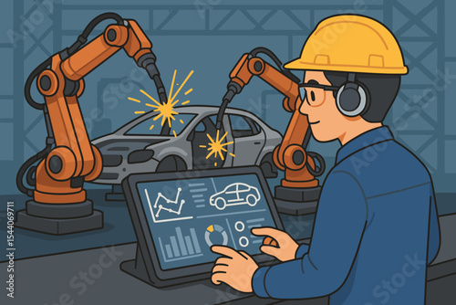 Automotive Engineer Monitors Robotic Welding Automation in Car Factory, Industrial Production with Real-Time Data Dashboard, Smart Manufacturing, Vector Cartoon Illustration