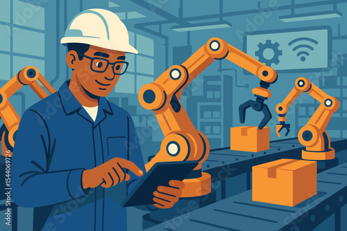 Industrial engineer oversees smart factory automation using tablet, controls robotic arms, manages packaging, modern manufacturing, high-tech production line, Industry 4.0 vector illustration
