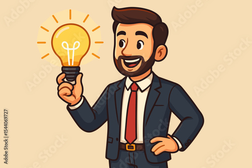 Creative businessman holding glowing lightbulb icon, innovative idea concept, problem solving, entrepreneurship, leadership, business success, business strategy, vector cartoon illustration