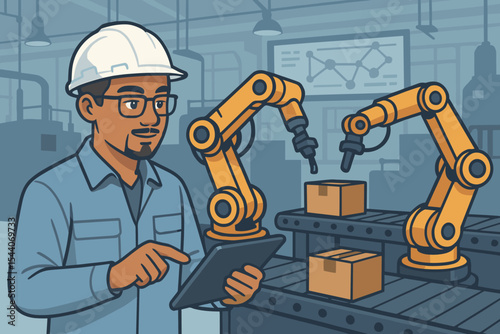 Industrial engineer controlling automation with tablet in smart factory. Operator overseeing robotic arms, conveyor belt, package production. Modern manufacturing technology vector illustration