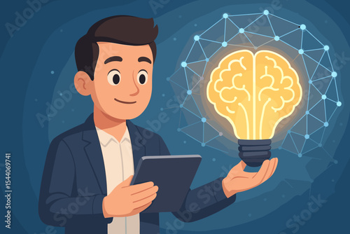 Businessman holding tablet with glowing brain-shaped light bulb, innovation, creative idea concept, digital network, artificial intelligence, technology development, futuristic vector illustration