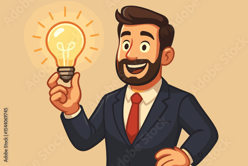 Cartoon businessman in suit holding glowing lightbulb icon, symbolizing creativity, innovation, new ideas, business solutions, leadership and brainstorming. Vector illustration for corporate concepts