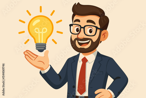 Businessman in Suit Holding Glowing Lightbulb Icon, Creative Idea Generation, Innovation, Problem Solving, Entrepreneurship, Leadership, Strategic Planning, Vector Cartoon Illustration