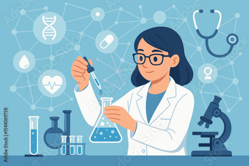 Female scientist in laboratory conducting research with chemical flasks, test tubes, pipette. Medical science icons, DNA, molecules, healthcare, stethoscope, microscope network. Vector illustration