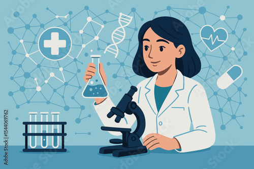 Female Scientist in Laboratory with Microscope and Test Tubes, Medical Research, DNA, Molecular Structure Background, Healthcare Innovation, Pharmaceutical Science, Vector Illustration