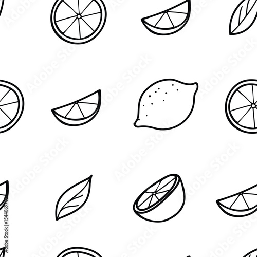 Lemon hand drawn seamless pattern in minimalistic simple style. Black and white Doodle illustration of whole Fruit and Cut Citrus Slices. For paper, menu, fabric.
