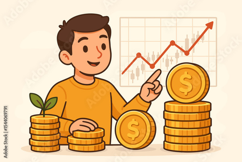 Financial growth investment concept cartoon. Kid pointing at rising stock market chart, coin stacks, savings, dollar symbol, plant sprout, analysis, wealth, money management, future planning vector